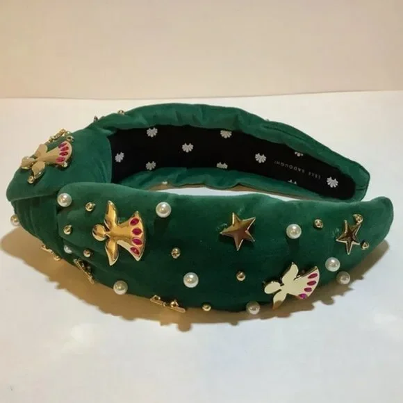Lele Sadoughi Angel Bell Forest Green Velvet Embellished Headband NWT FOREST GREEN ANGEL BELL EMBELLISHED KNOTTED HEADBAND | Parallel main image 4